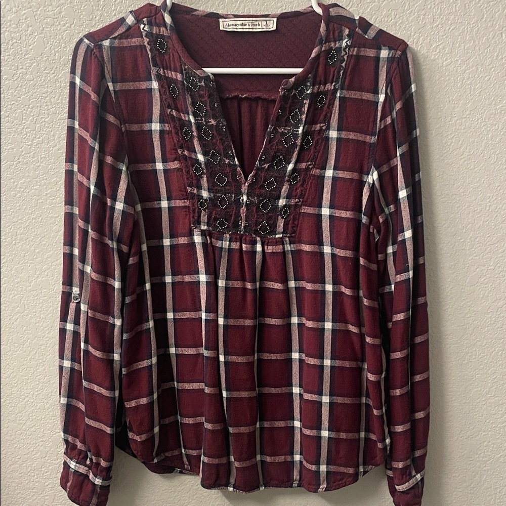 Abercrombie & Fitch Boho Embroidered Plaid Long-Sleeve Top - Burgundy